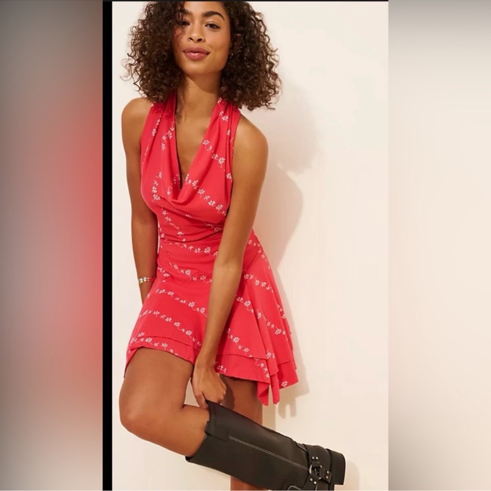Free People Electric Days Printed Mini Dress. NWT. Red with white flowers